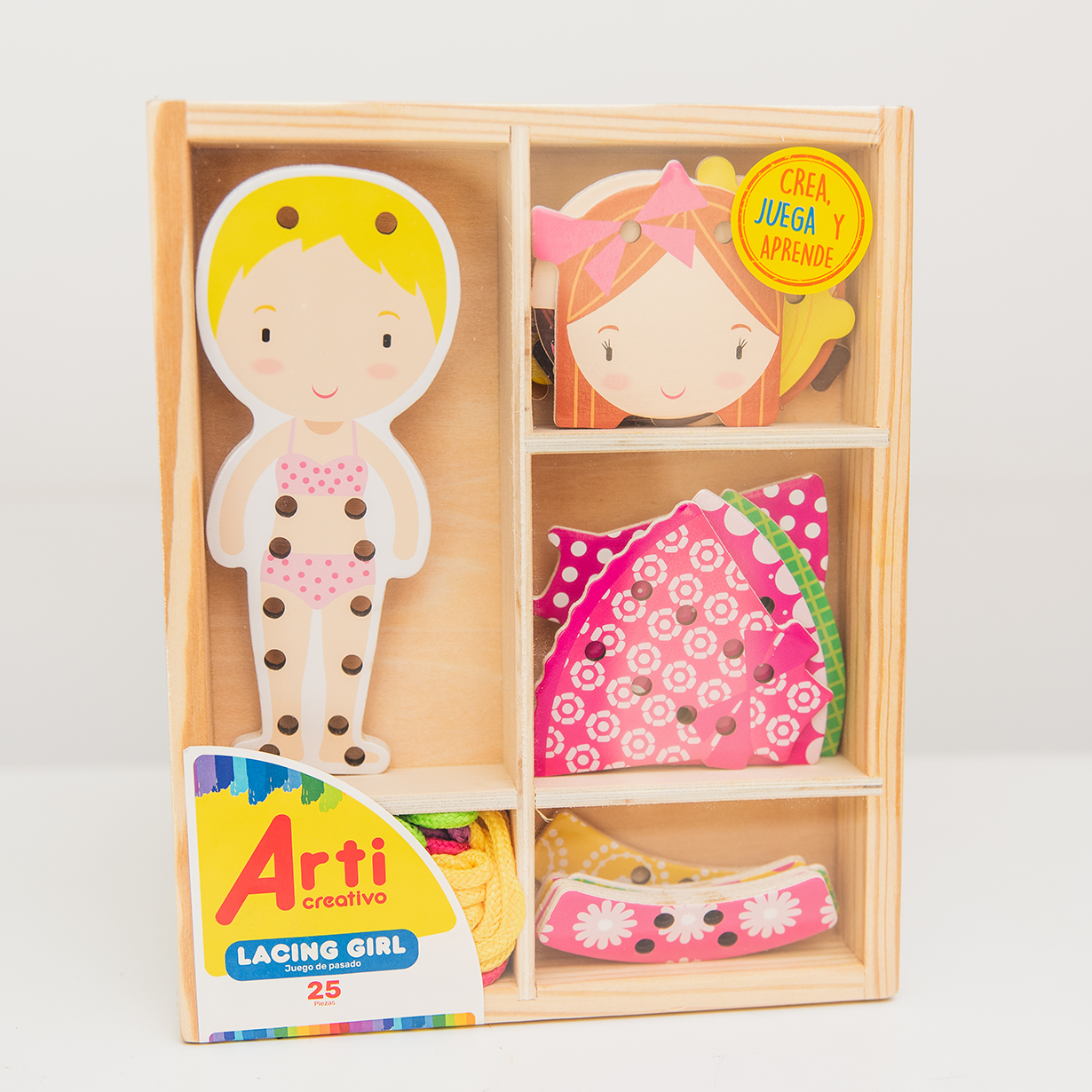 JUEGO DE EXPLORACION Y PASADO EN MADERA "LACING GIRL" - ARTI CREATIVO