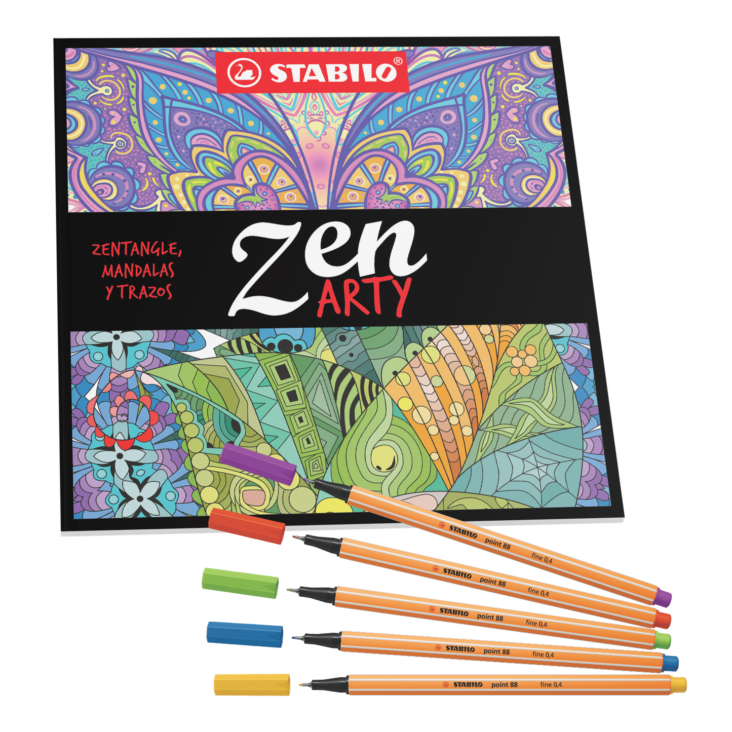 LIBRO DE MANDALAS ZEN ARTY STABILO + 5 FINE PEN STABILO POINT 88