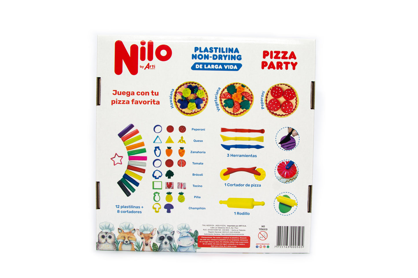 PLASTILINA NILO PIZZA PARTY: 12 PLASTILINAS + 8 CORTADORES + 3 HERRAMIENTAS + 1 RODILLO