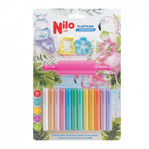PLASTILINA NILO 12 COLORES + 4 MOLDES + RODILLO