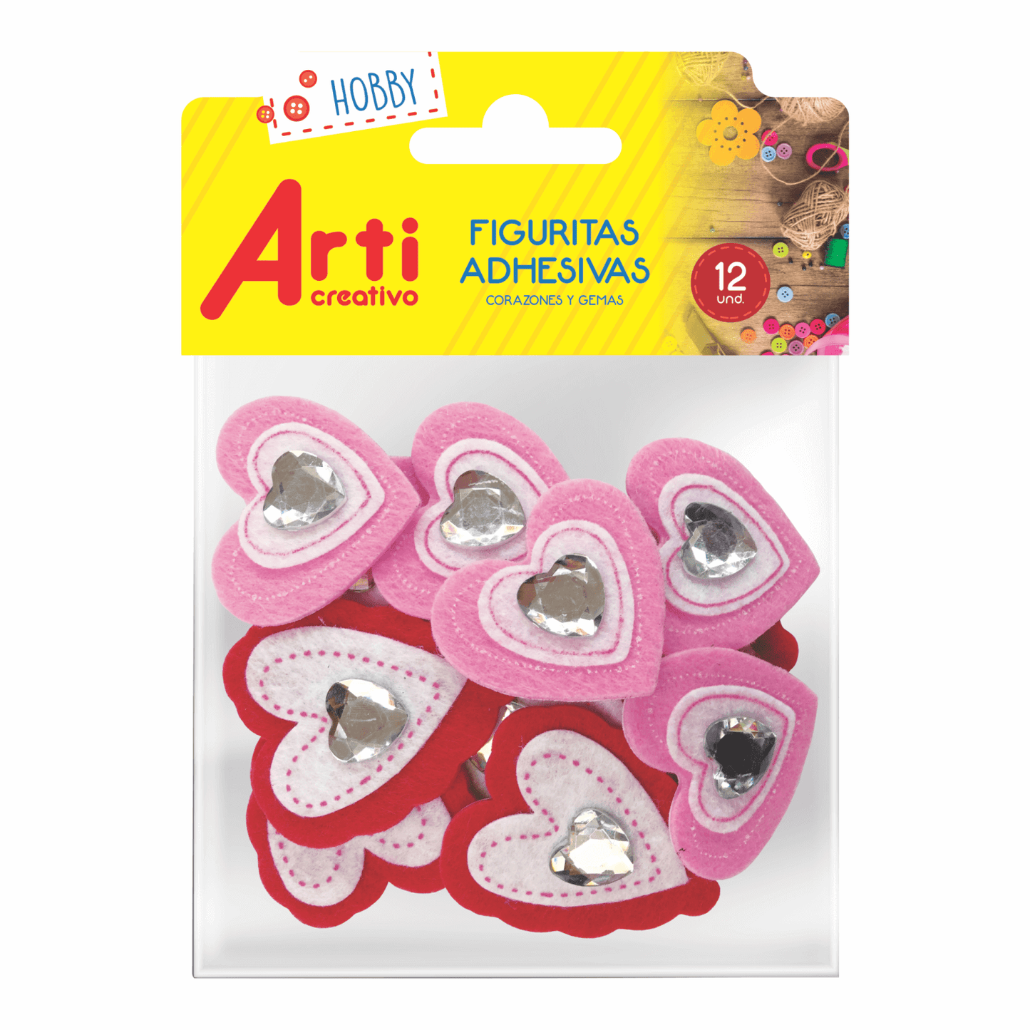 FIGURAS ADHESIVAS "CORAZONES Y GEMAS" X 12 UND. ARTI CREATIVO