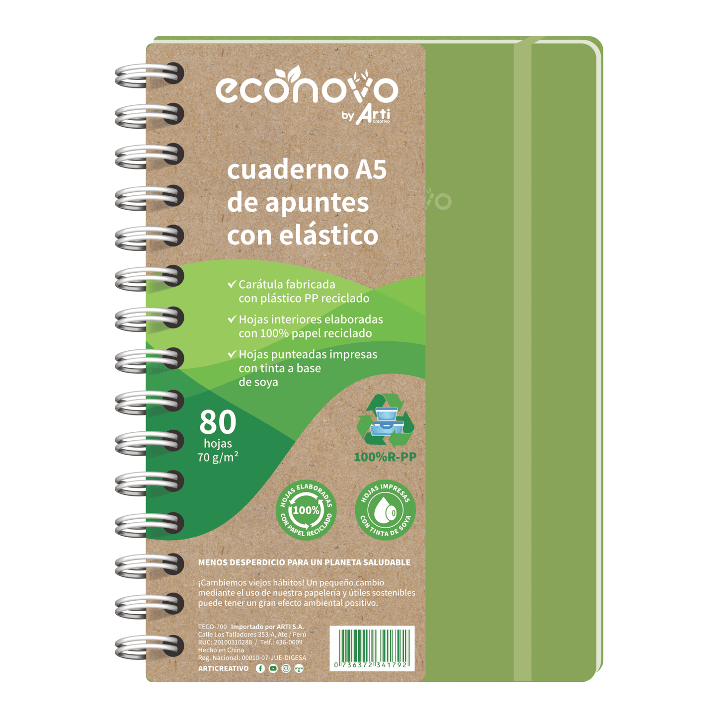 CUADERNO DE APUNTES A5 "ECONOVO" C/ ELÁSTICO X 80 HOJAS