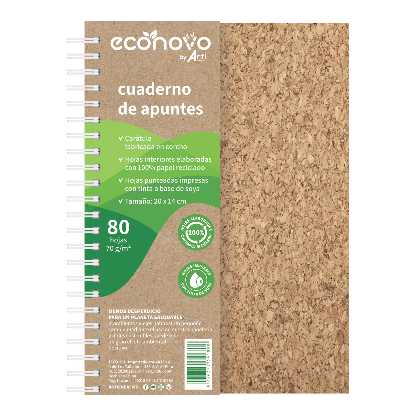 CUADERNO DE APUNTES "ECONOVO" CORCHO X 80 HOJAS