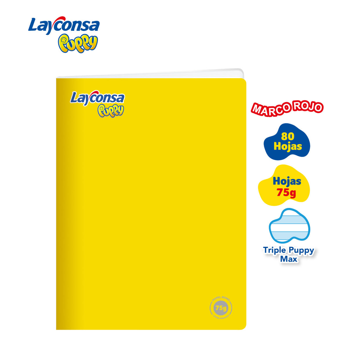 CUADERNO TRIPLE RENGLÓN MAX SOMBREADO LAYCONSA PUPPY A4 MARCO ROJO 80 HOJAS