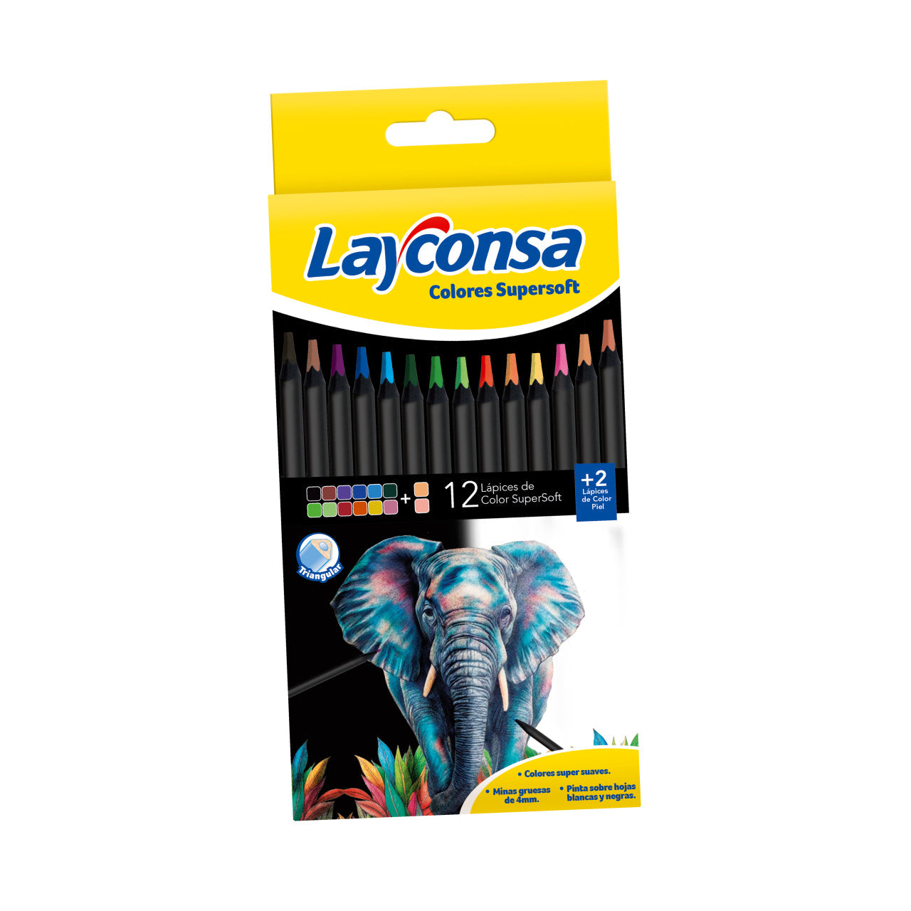 Lápiz Color Largos Layconsa Super Soft x 12 + 2 colores piel, mina 4mm.