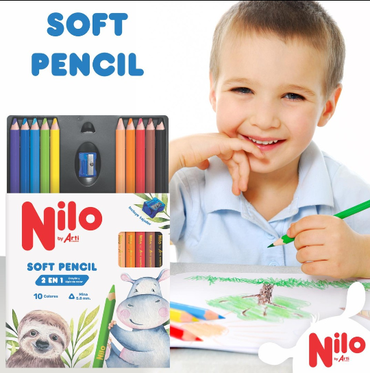 CRAYÓN Y LAPIZ DE COLOR A LA VEZ NILO "SOFT PENCIL" X 10 UND. + TAJADOR