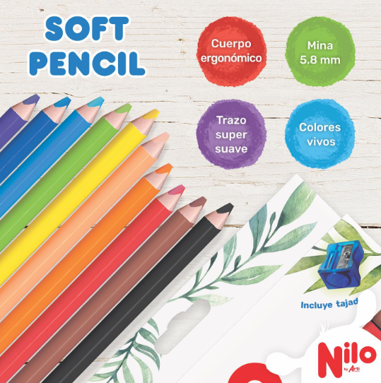 CRAYÓN Y LAPIZ DE COLOR A LA VEZ NILO "SOFT PENCIL" X 10 UND. + TAJADOR