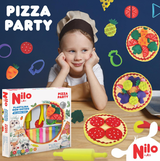 PLASTILINA NILO PIZZA PARTY: 12 PLASTILINAS + 8 CORTADORES + 3 HERRAMIENTAS + 1 RODILLO
