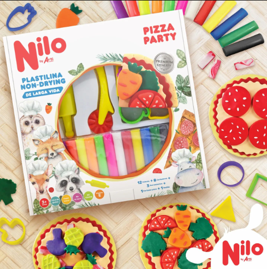PLASTILINA NILO PIZZA PARTY: 12 PLASTILINAS + 8 CORTADORES + 3 HERRAMIENTAS + 1 RODILLO