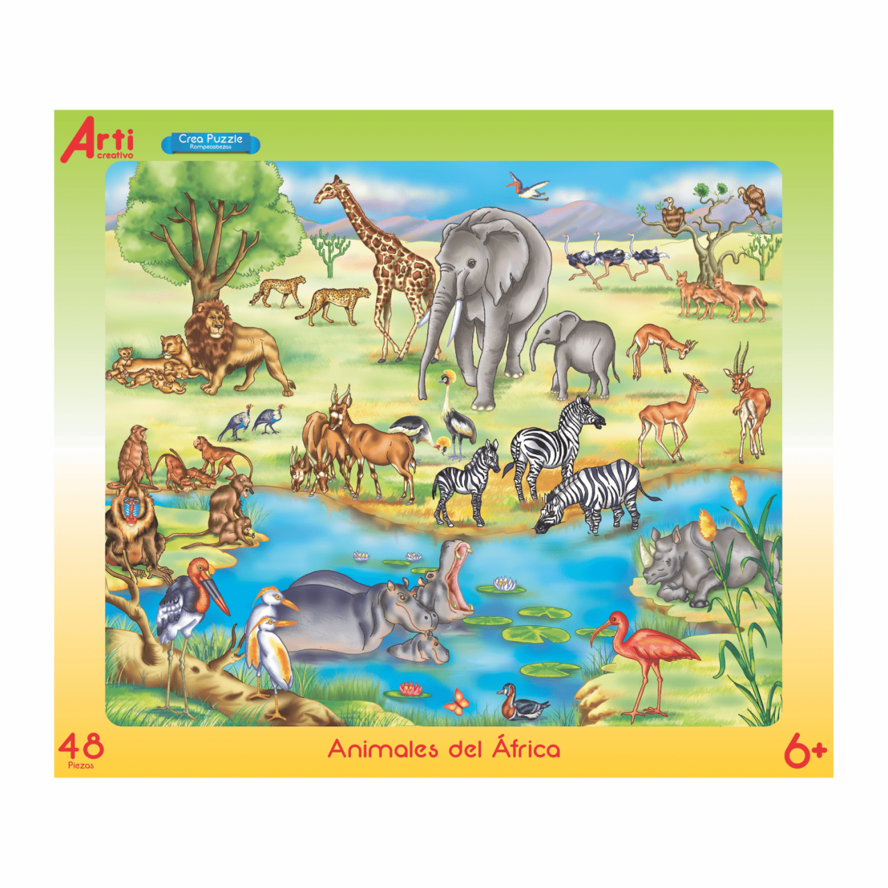 ROMPECABEZAS DE CARTON CON BASE PARA COLOREAR Y PINTAR "ANIMALES DEL ÁFRICA" X 48 PZAS. ARTI CREATIVO