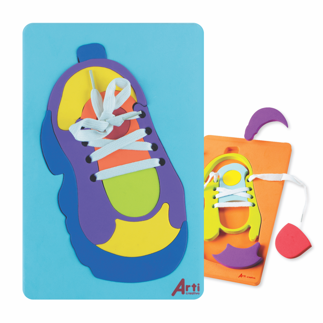 JUEGO DE EXPLORACION DE ENCAJE /PASADO Y ROMPECABEZAS EN GOMA EVA "ZAPATILLA 3 EN 1" ARTI CREATIVO