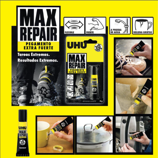 PEGAMENTO EXTREMADAMENTE FUERTE UHU "MAX REPAIR" X 8 GR.