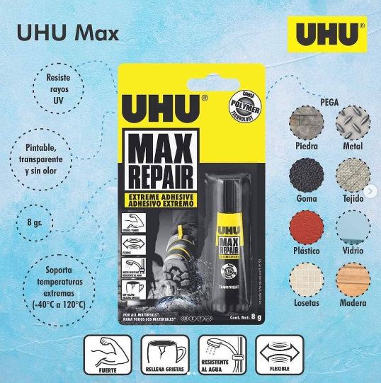 PEGAMENTO EXTREMADAMENTE FUERTE UHU "MAX REPAIR" X 8 GR.