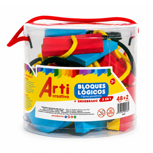 BLOQUES LÓGICOS 2 EN 1: FIGURAS GEOMÉTRICAS Y ENHEBRADO - GOMA EVA X 48 PIEZAS - ARTI CREATIVO