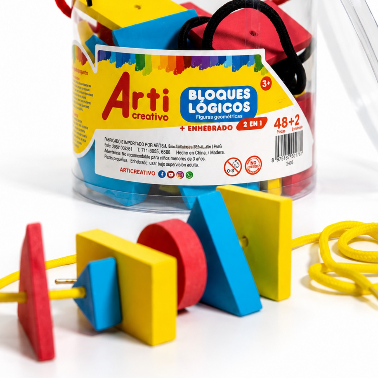 BLOQUES LÓGICOS 2 EN 1: FIGURAS GEOMÉTRICAS Y ENHEBRADO - GOMA EVA X 48 PIEZAS - ARTI CREATIVO