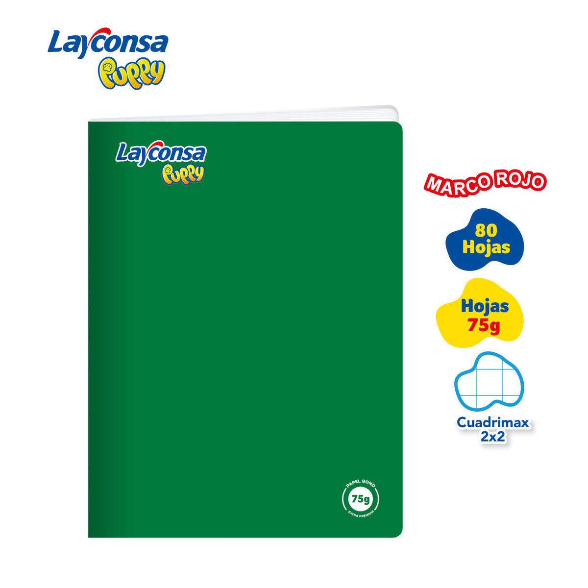 CUADERNO CUADRICULADO 2X2 LAYCONSA PUPPY A4 MARCO ROJO 80 HOJAS
