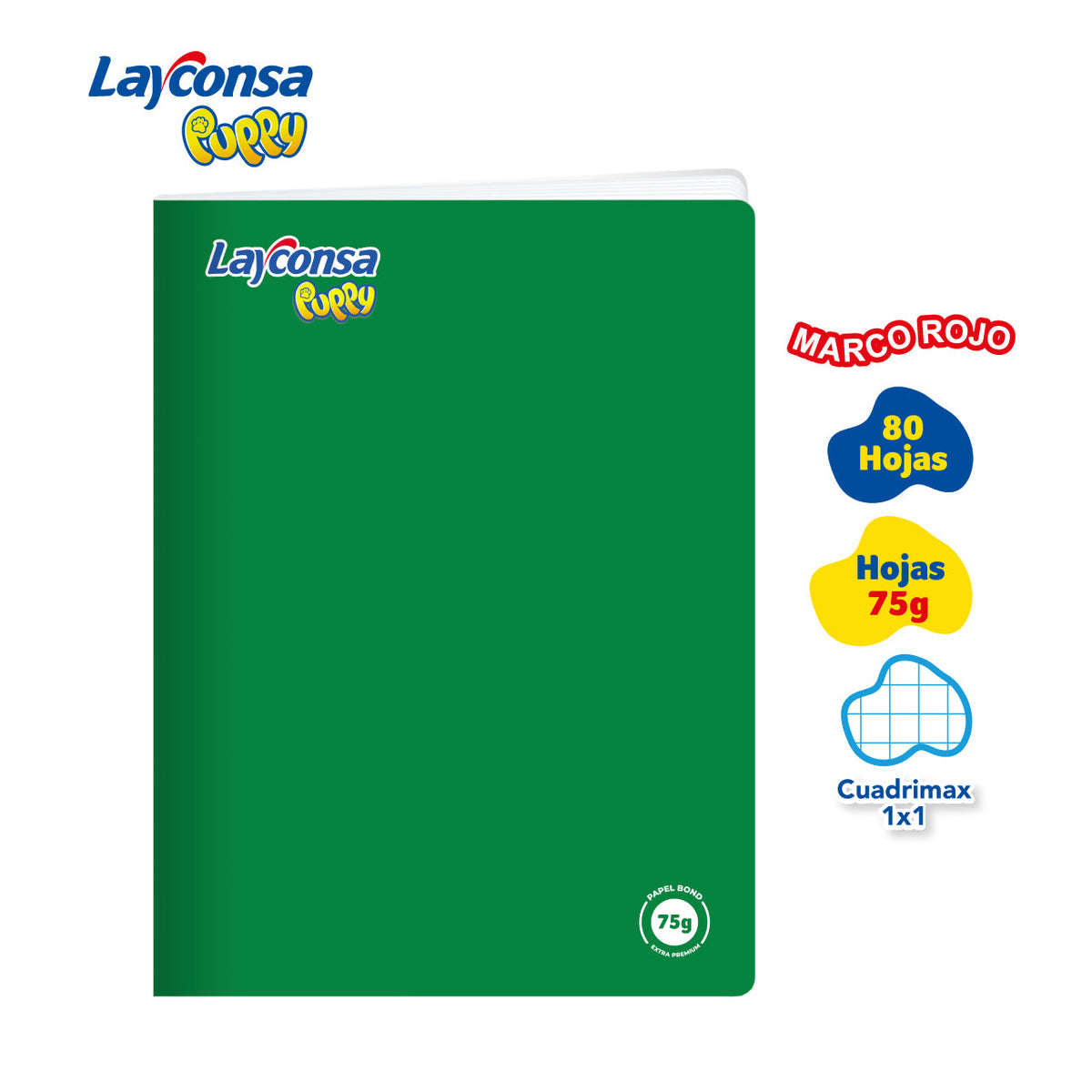 CUADERNO CUADRICULADO 1X1  LAYCONSA PUPPY A4 MARCO ROJO 80 HOJAS