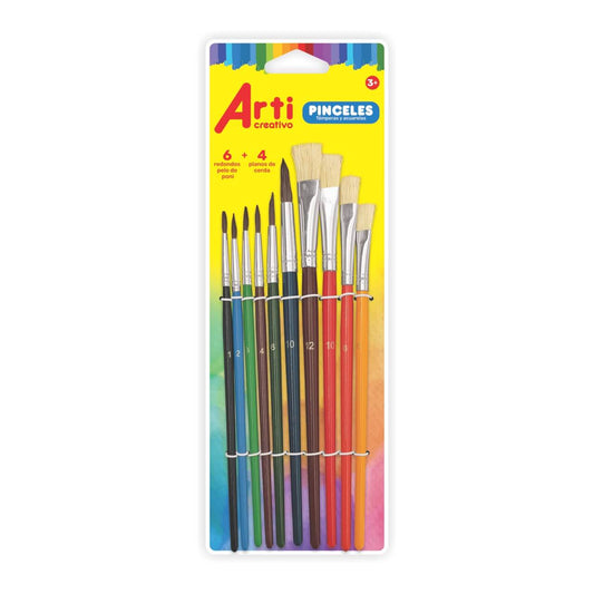 MEGA SET DE PINCELES SURTIDOS ARTI CREATIVO X 10 UND.