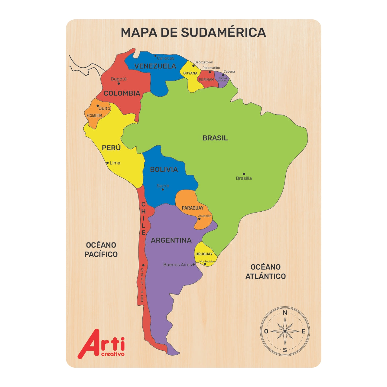 MAPA DE SUDAMERICA ROMPECABEZAS DE MADERA X 14 PZA
