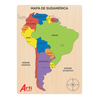 MAPA DE SUDAMERICA ROMPECABEZAS DE MADERA X 14 PZA