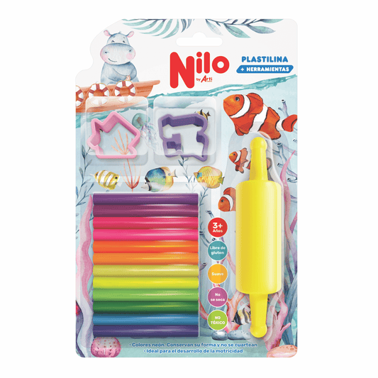 PLASTILINA NILO "NEON" - BLISTER X 12 UND. + 2 CORTADORES + 1 RODILLO