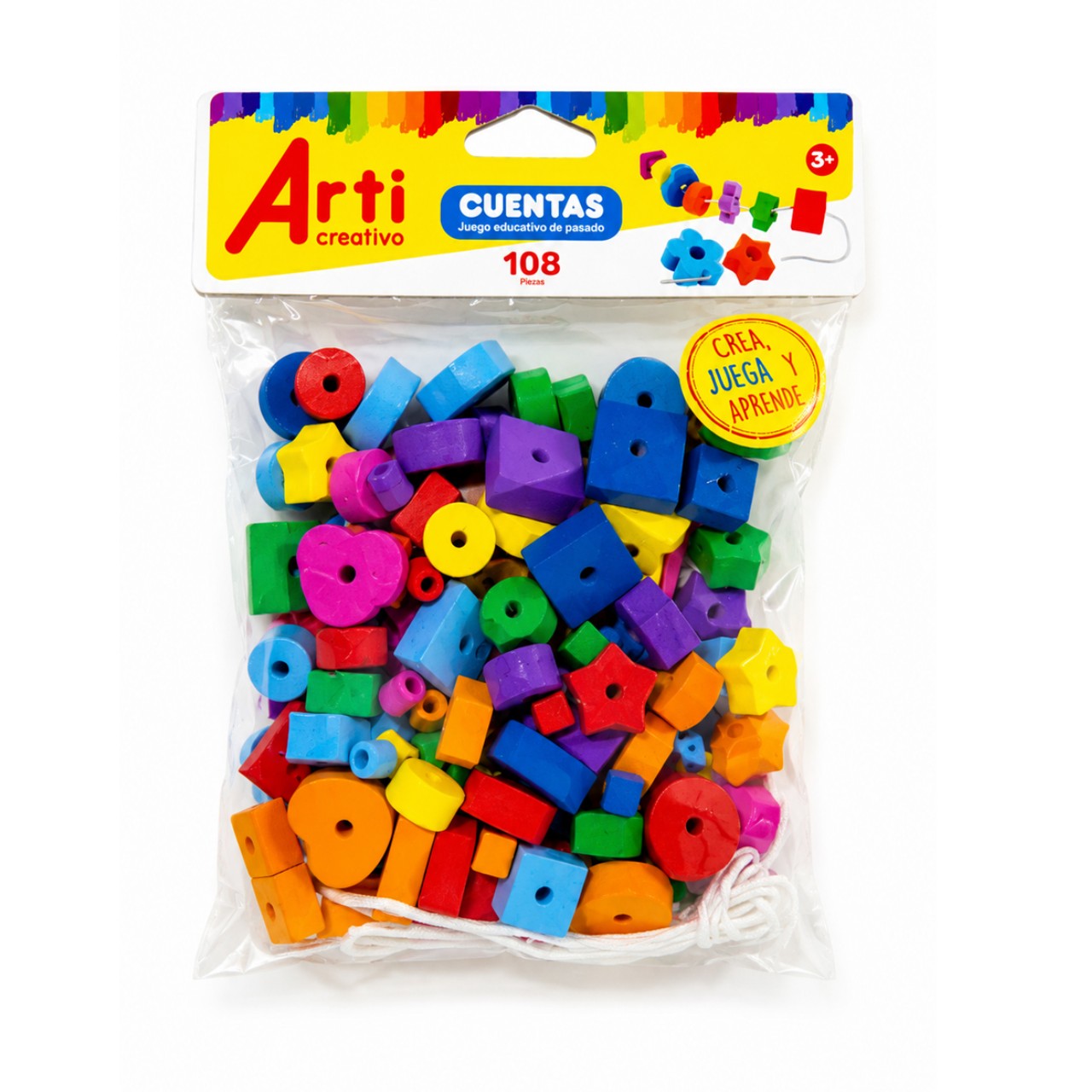 JUEGO DE ENHEBRADO Y EXPLORACIÓN EN GOMA EVA: CUENTAS X 108 PIEZAS - ARTI CREATIVO
