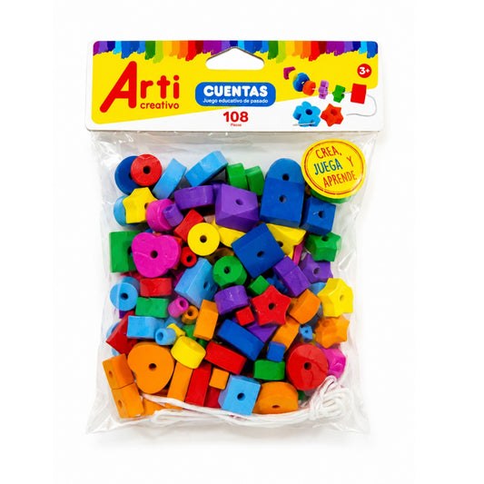 JUEGO DE ENHEBRADO Y EXPLORACIÓN EN GOMA EVA: CUENTAS X 108 PIEZAS - ARTI CREATIVO