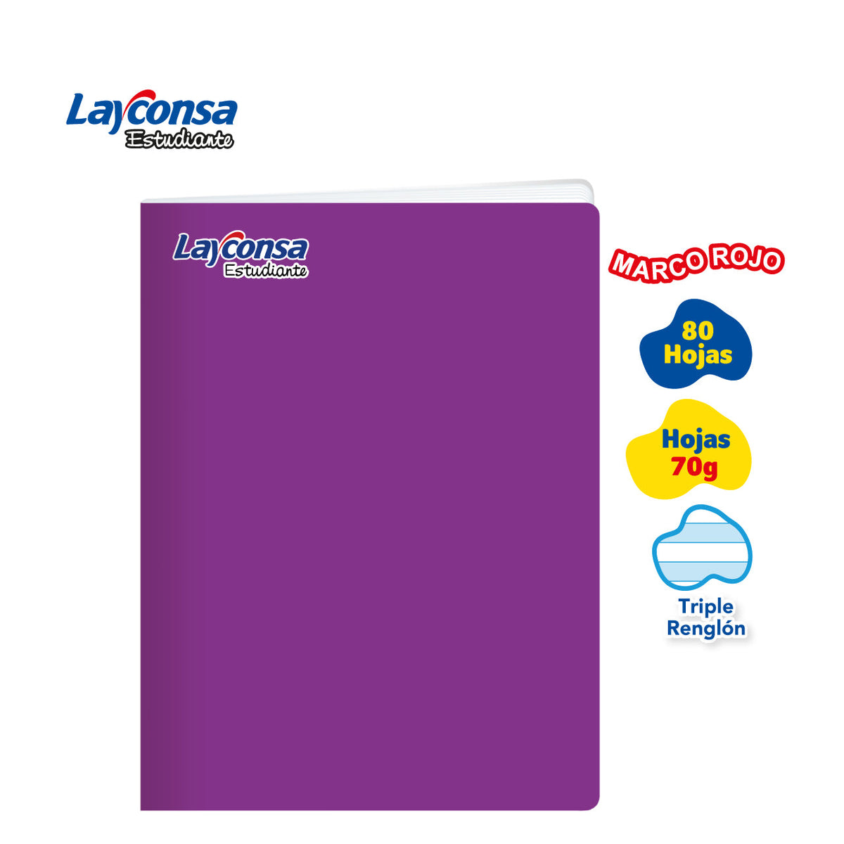 CUADERNO TRIPLE RENGLÓN SOMBREADO LAYCONSA ESTUDIANTE A4 MARCO ROJO 80 HOJAS