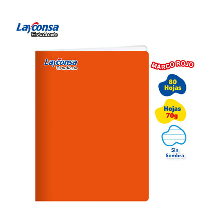 CUADERNO TRIPLE RENGLÓN SIN SOMBRA LAYCONSA ESTUDIANTE A4 MARCO ROJO 80 HOJAS