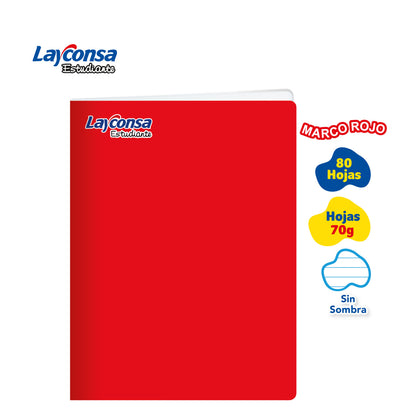 CUADERNO TRIPLE RENGLÓN SIN SOMBRA LAYCONSA ESTUDIANTE A4 MARCO ROJO 80 HOJAS