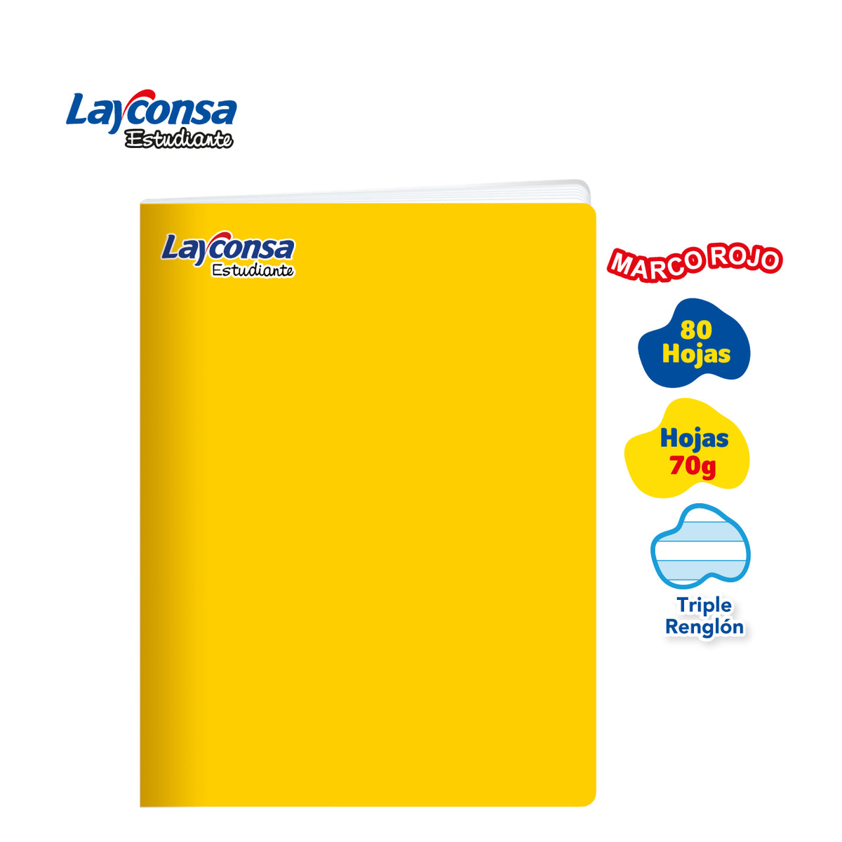 CUADERNO TRIPLE RENGLÓN SOMBREADO LAYCONSA ESTUDIANTE A4 MARCO ROJO 80 HOJAS