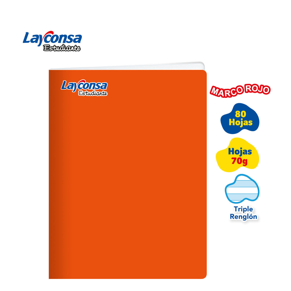 CUADERNO TRIPLE RENGLÓN SOMBREADO LAYCONSA ESTUDIANTE A4 MARCO ROJO 80 HOJAS