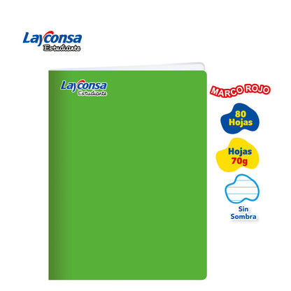CUADERNO TRIPLE RENGLÓN SIN SOMBRA LAYCONSA ESTUDIANTE A4 MARCO ROJO 80 HOJAS