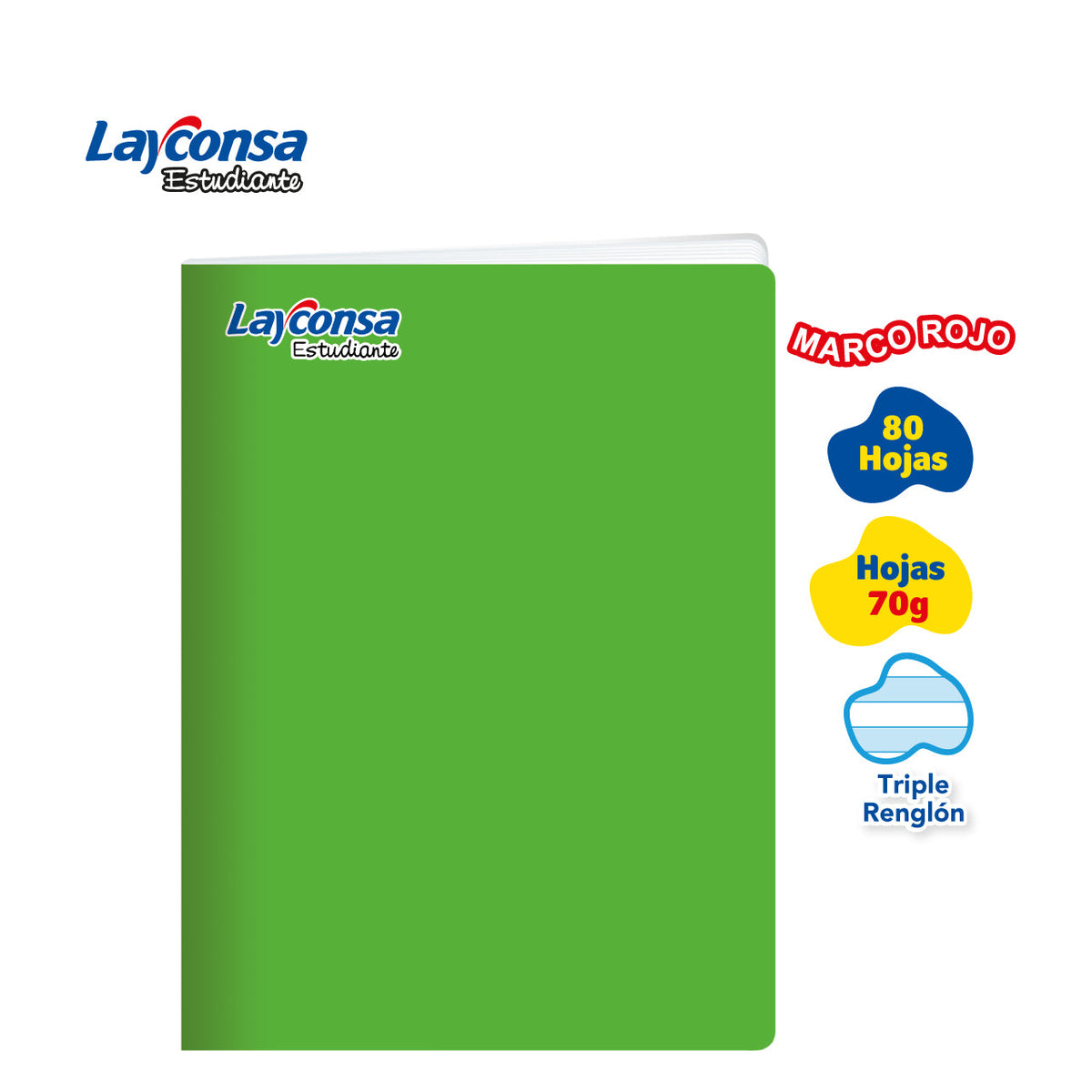 CUADERNO TRIPLE RENGLÓN SOMBREADO LAYCONSA ESTUDIANTE A4 MARCO ROJO 80 HOJAS