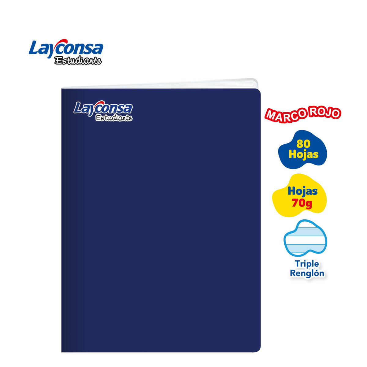 CUADERNO TRIPLE RENGLÓN SOMBREADO LAYCONSA ESTUDIANTE A4 MARCO ROJO 80 HOJAS