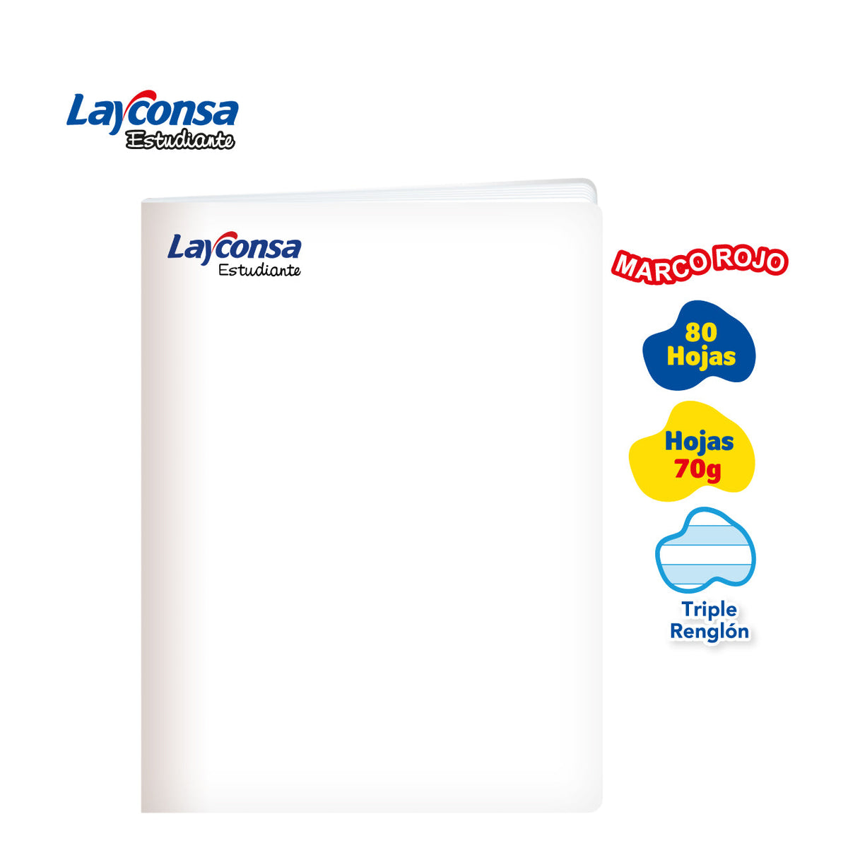 CUADERNO TRIPLE RENGLÓN SOMBREADO LAYCONSA ESTUDIANTE A4 MARCO ROJO 80 HOJAS