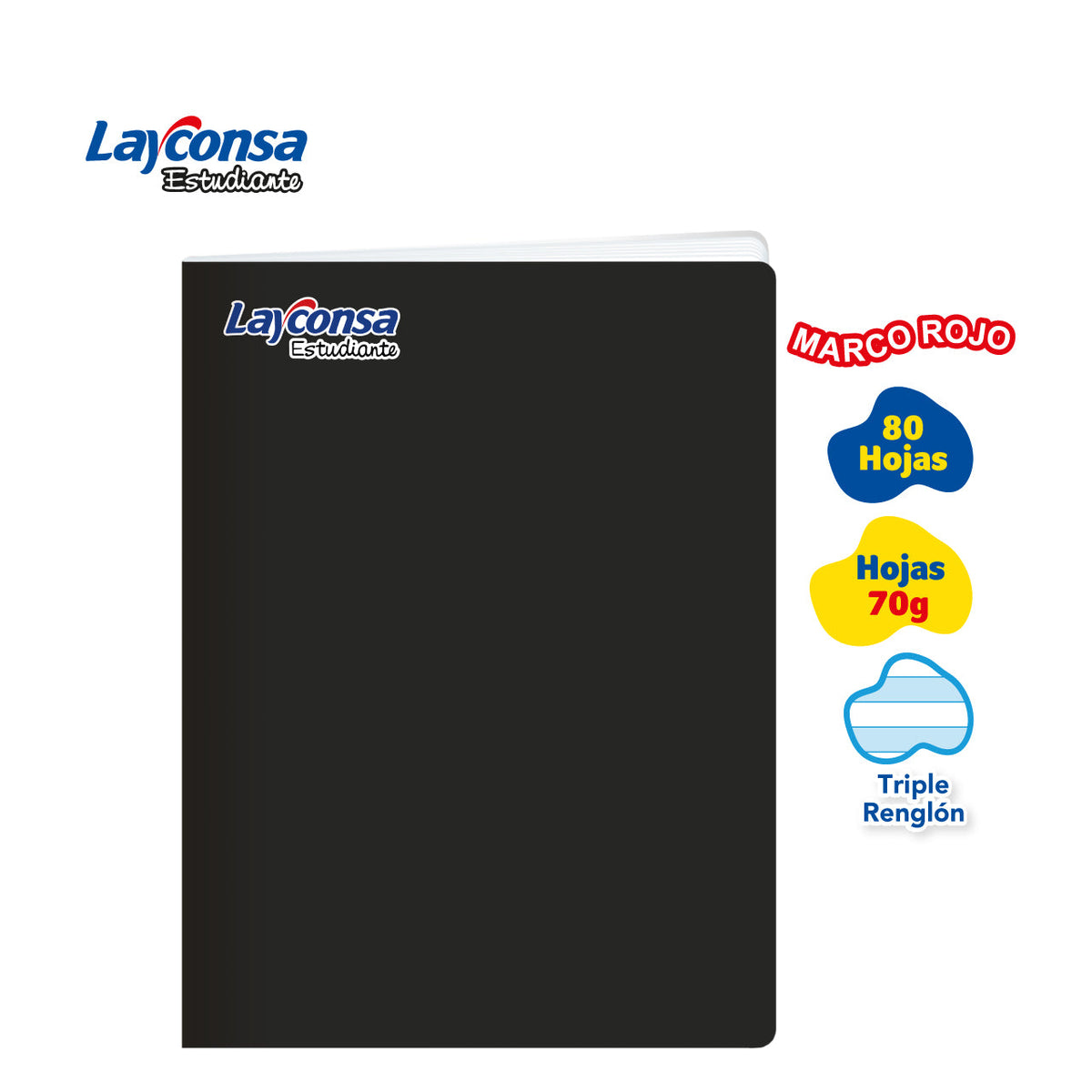 CUADERNO TRIPLE RENGLÓN SOMBREADO LAYCONSA ESTUDIANTE A4 MARCO ROJO 80 HOJAS