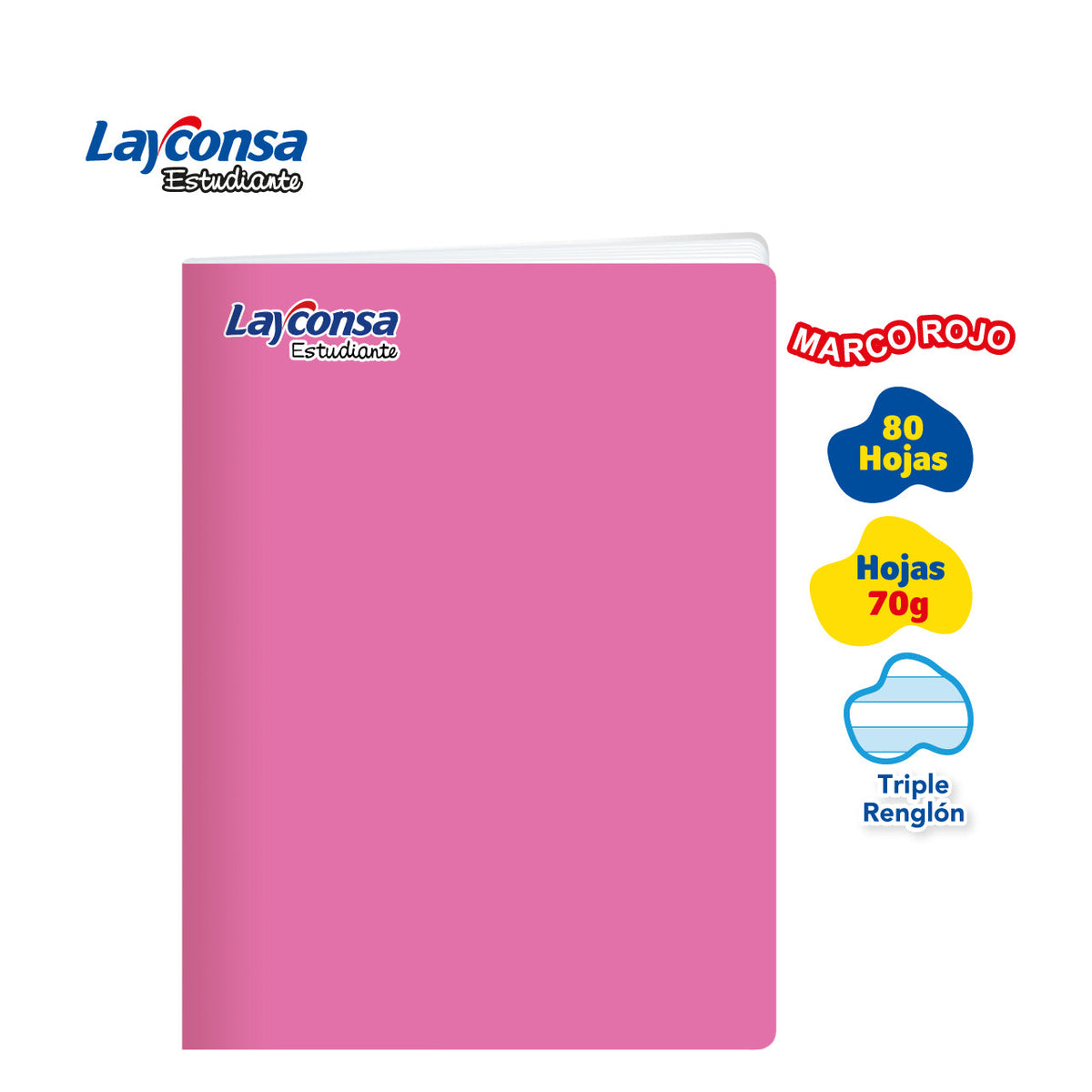 CUADERNO TRIPLE RENGLÓN SOMBREADO LAYCONSA ESTUDIANTE A4 MARCO ROJO 80 HOJAS