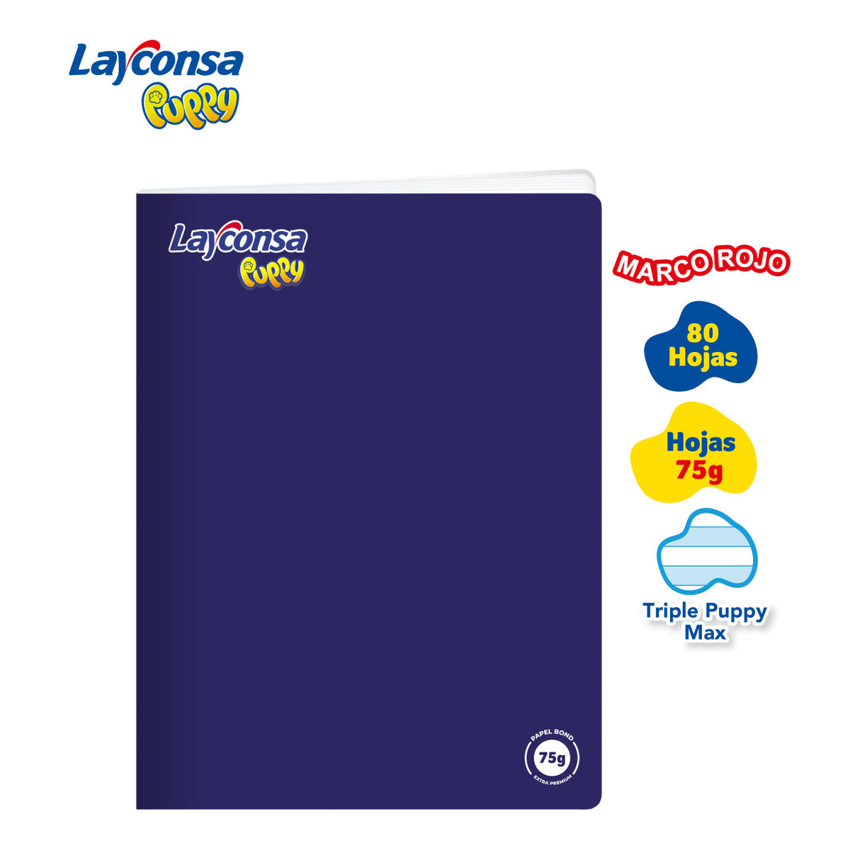 CUADERNO TRIPLE RENGLÓN MAX SOMBREADO LAYCONSA PUPPY A4 MARCO ROJO 80 HOJAS