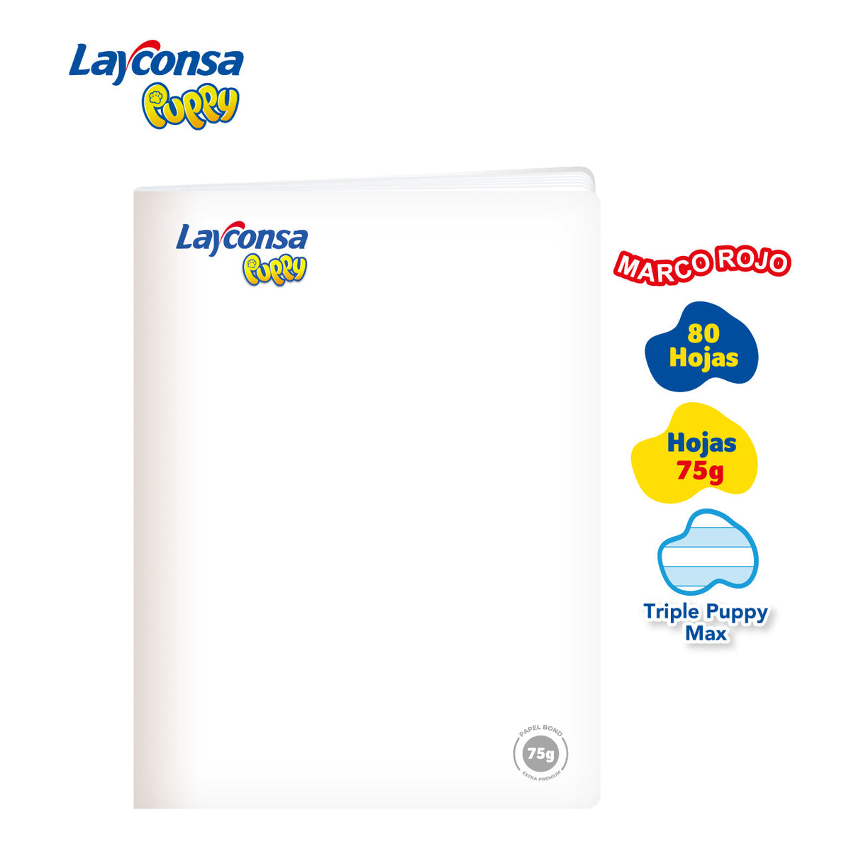 CUADERNO TRIPLE RENGLÓN MAX SOMBREADO LAYCONSA PUPPY A4 MARCO ROJO 80 HOJAS