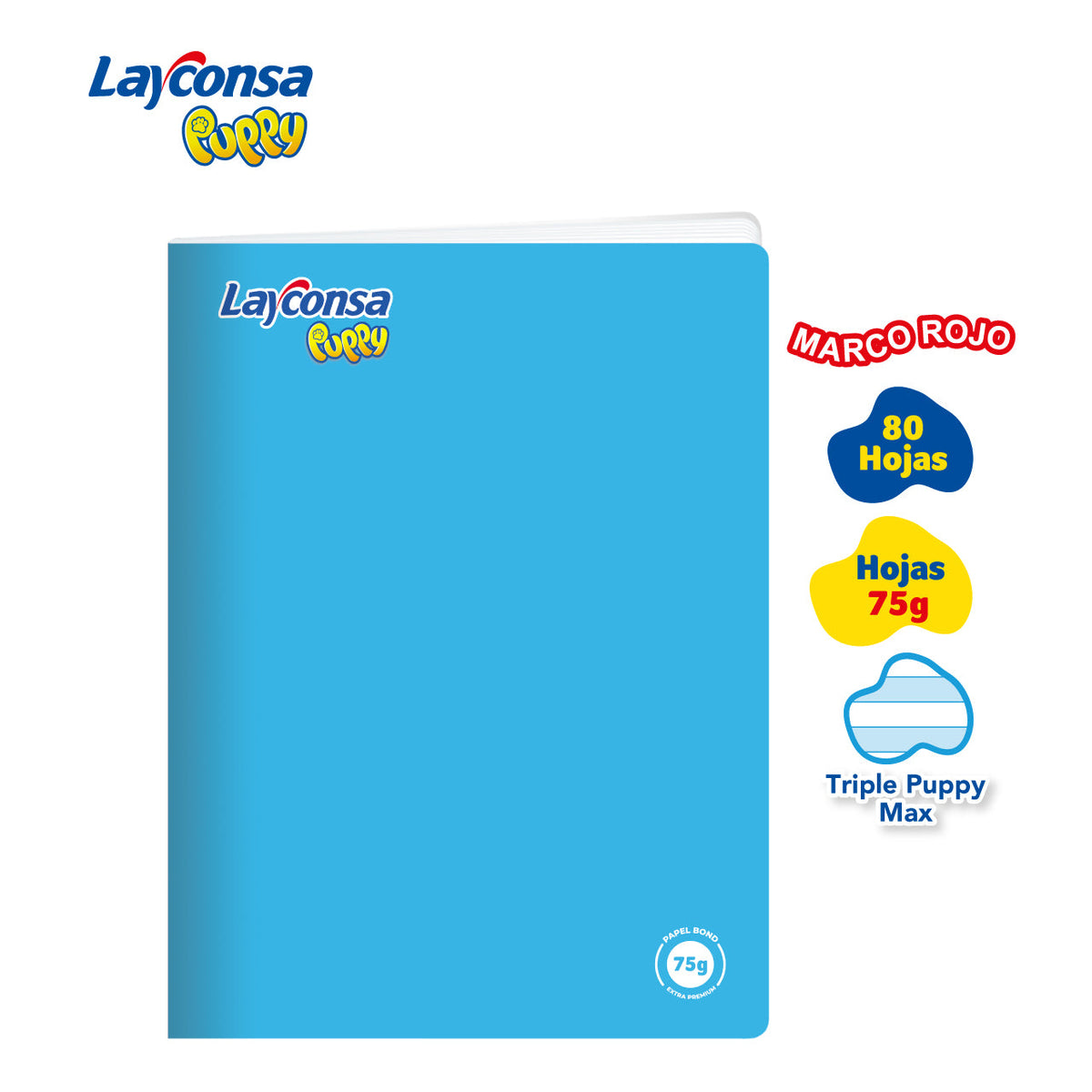 CUADERNO TRIPLE RENGLÓN MAX SOMBREADO LAYCONSA PUPPY A4 MARCO ROJO 80 HOJAS