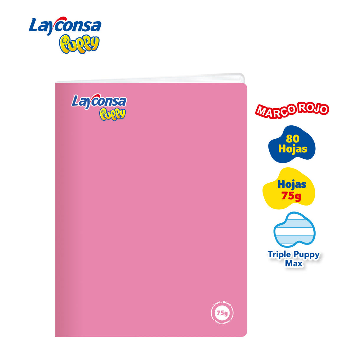 CUADERNO TRIPLE RENGLÓN MAX SOMBREADO LAYCONSA PUPPY A4 MARCO ROJO 80 HOJAS