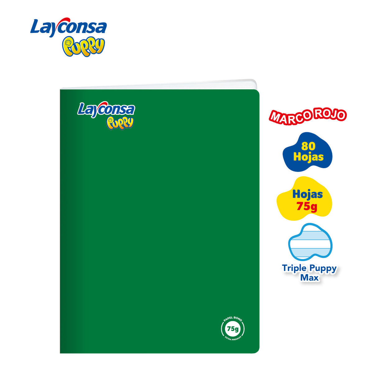 CUADERNO TRIPLE RENGLÓN MAX SOMBREADO LAYCONSA PUPPY A4 MARCO ROJO 80 HOJAS