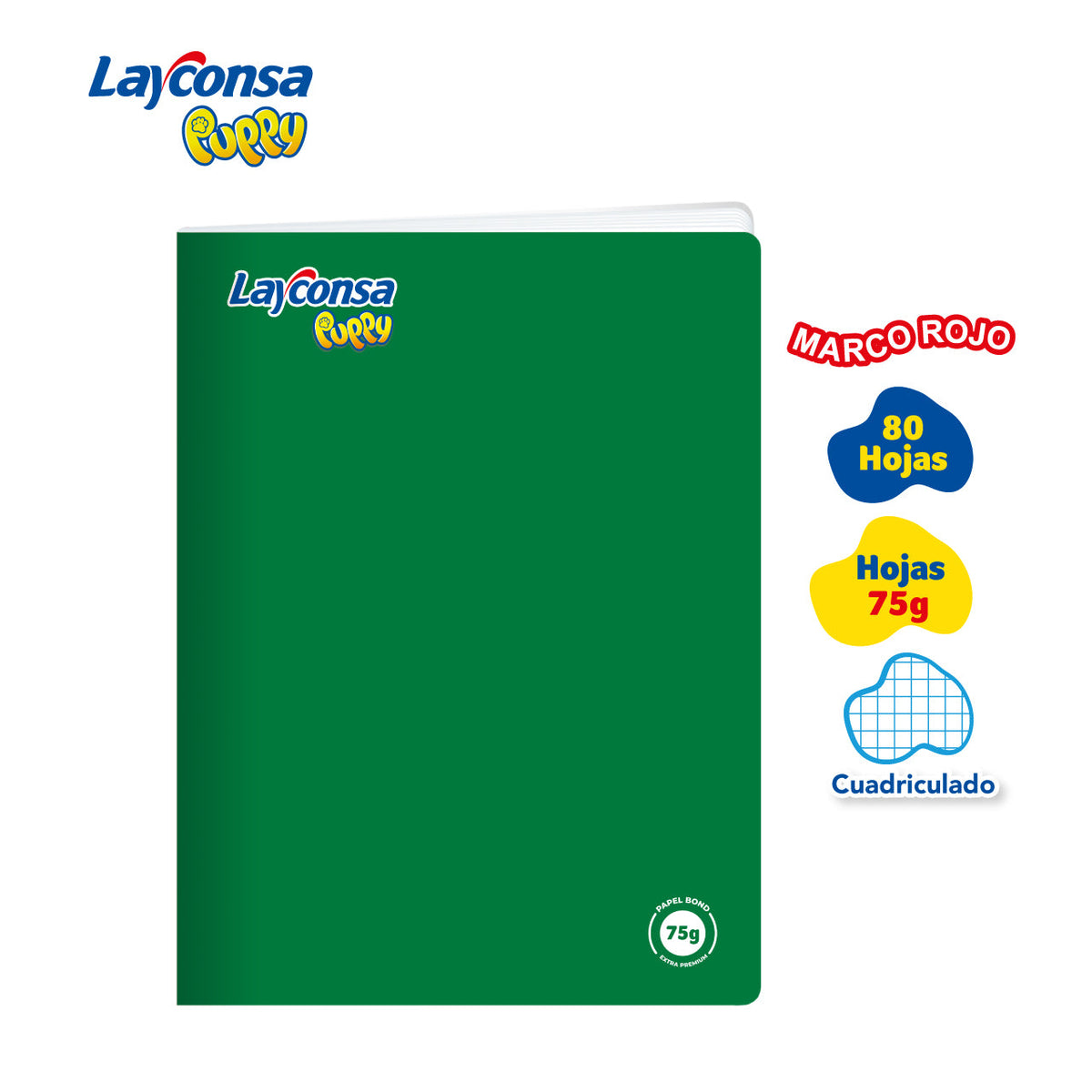 CUADERNO CUADRICULADO LAYCONSA PUPPY A4 MARCO ROJO 80 HOJAS