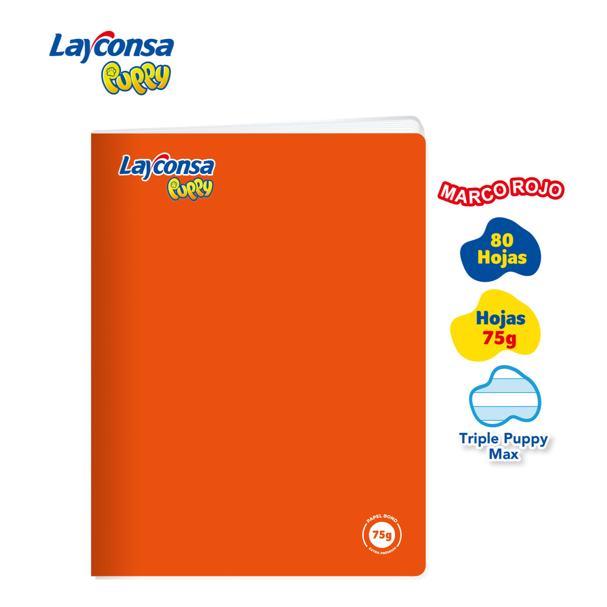 CUADERNO TRIPLE RENGLÓN MAX SOMBREADO LAYCONSA PUPPY A4 MARCO ROJO 80 HOJAS