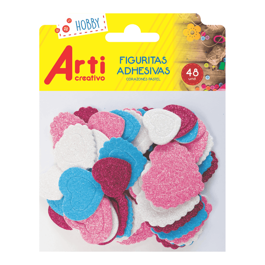 FIGURAS ADHESIVAS "CORAZON PASTEL GLITTER" X 48 UND. ARTI CREATIVO