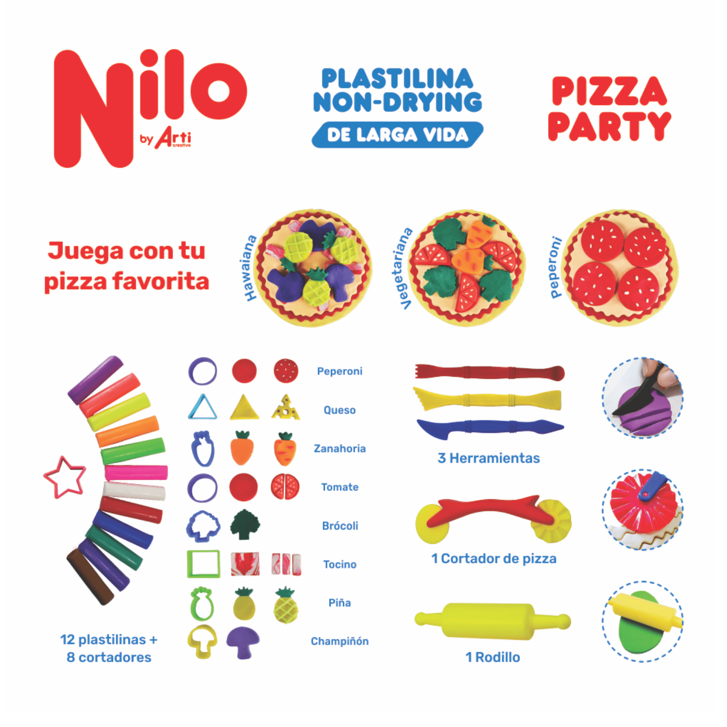 PLASTILINA NILO PIZZA PARTY: 12 PLASTILINAS + 8 CORTADORES + 3 HERRAMIENTAS + 1 RODILLO