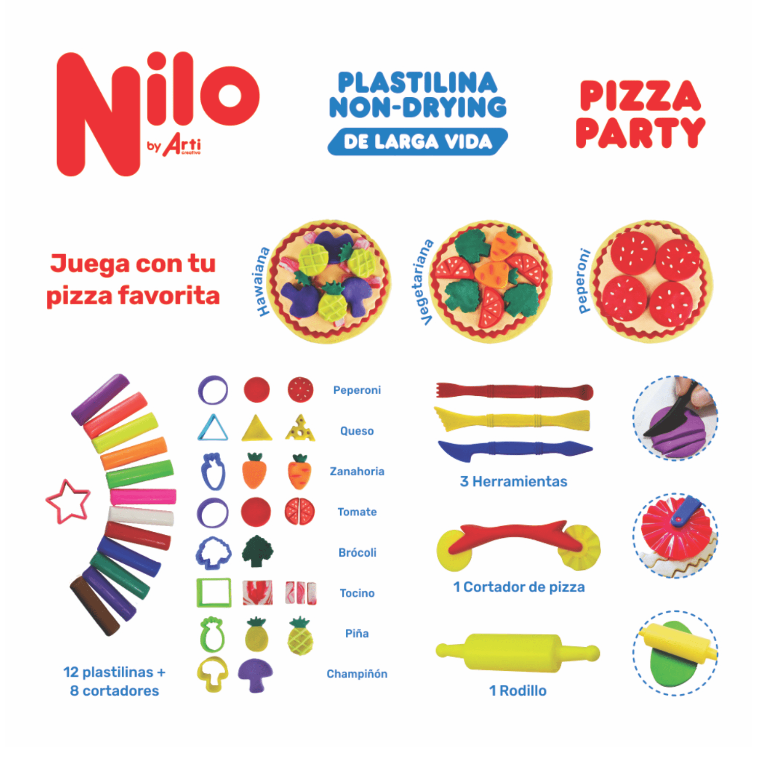 PLASTILINA NILO PIZZA PARTY 12 PLASTILINAS 8 CORTADORES 3