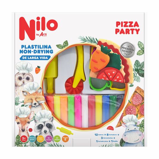 PLASTILINA NILO PIZZA PARTY: 12 PLASTILINAS + 8 CORTADORES + 3 HERRAMIENTAS + 1 RODILLO