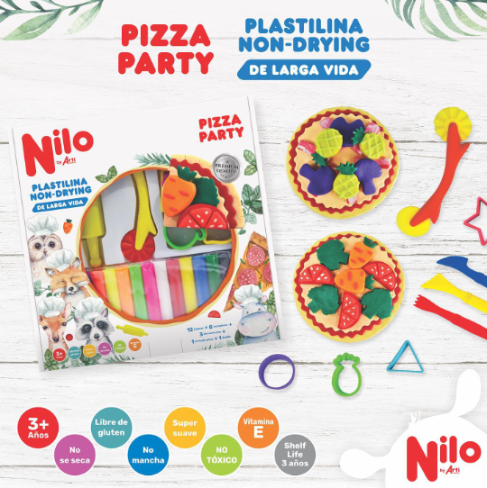 PLASTILINA NILO PIZZA PARTY: 12 PLASTILINAS + 8 CORTADORES + 3 HERRAMIENTAS + 1 RODILLO